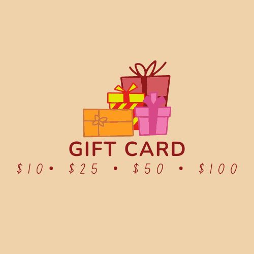 Gift card design featuring stacked presents and denominations ranging from $10 to $100.